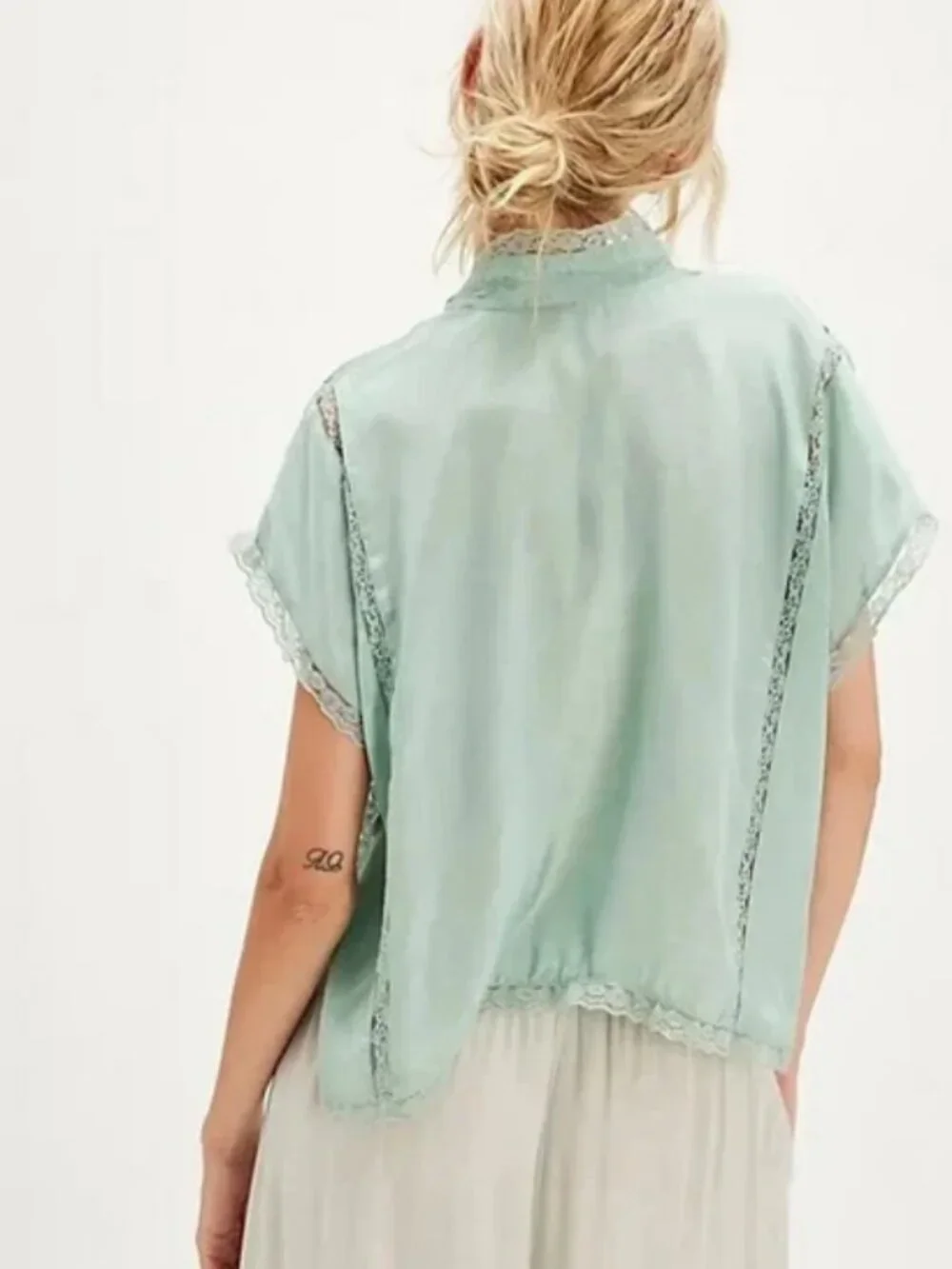 Free People Marigold Shine Lace Top Buttondown Tie V Neck Blue Surf XS